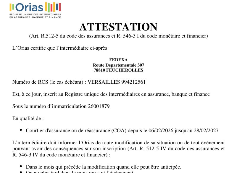 Attestation ORIAS de Fedexa, n° 26001879