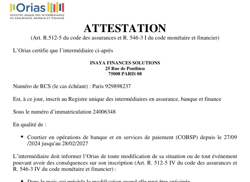 Attestation ORIAS d'INAYA Finances Solutions, n° 24006348